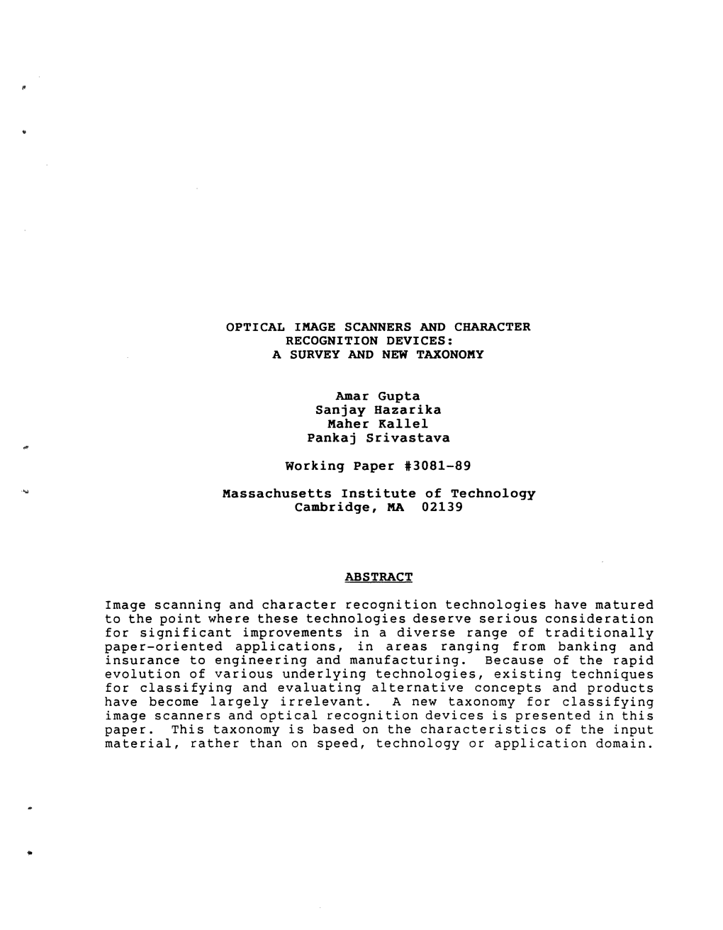 Optical Image Scanners and Character Recognition Devices: a Survey and New Taxonomy