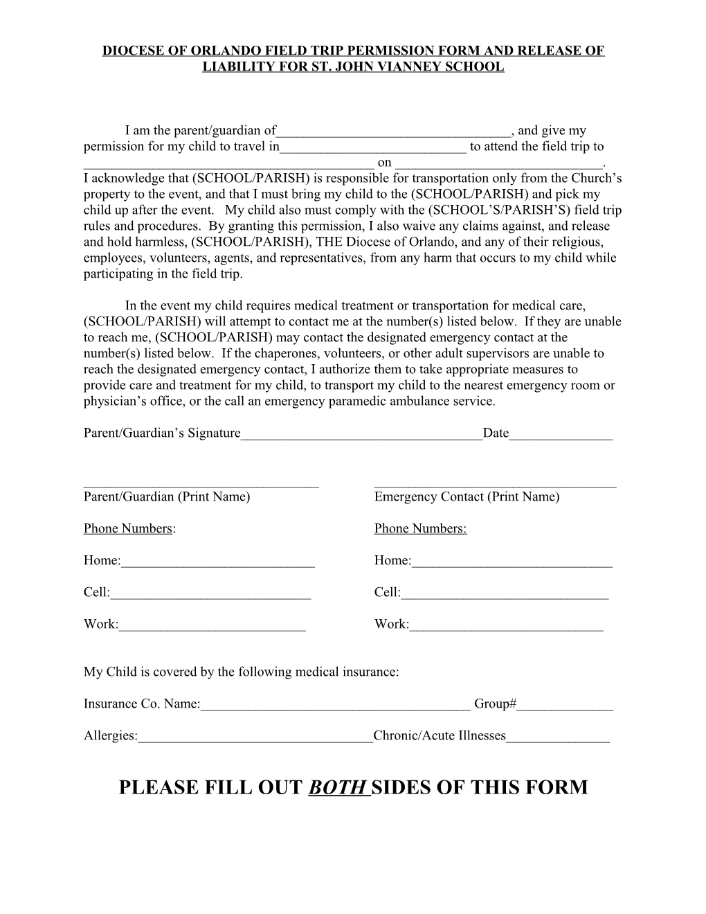 Diocese Of Orlando Field Trip Permission Form And Release Of Liability For St