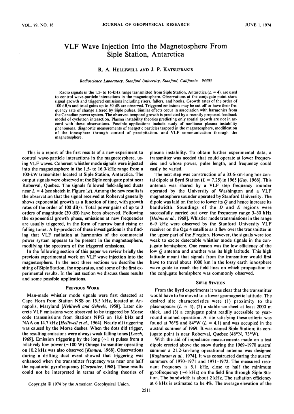 VLF Wave Injection Into the Magnetosphere from Siple Station