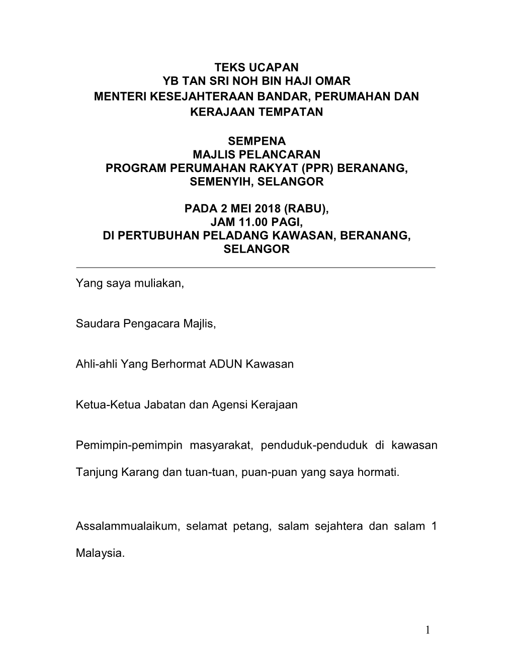 Majlis Pelancaran Program Perumahan Rakyat (Ppr) Beranang, Semenyih, Selangor