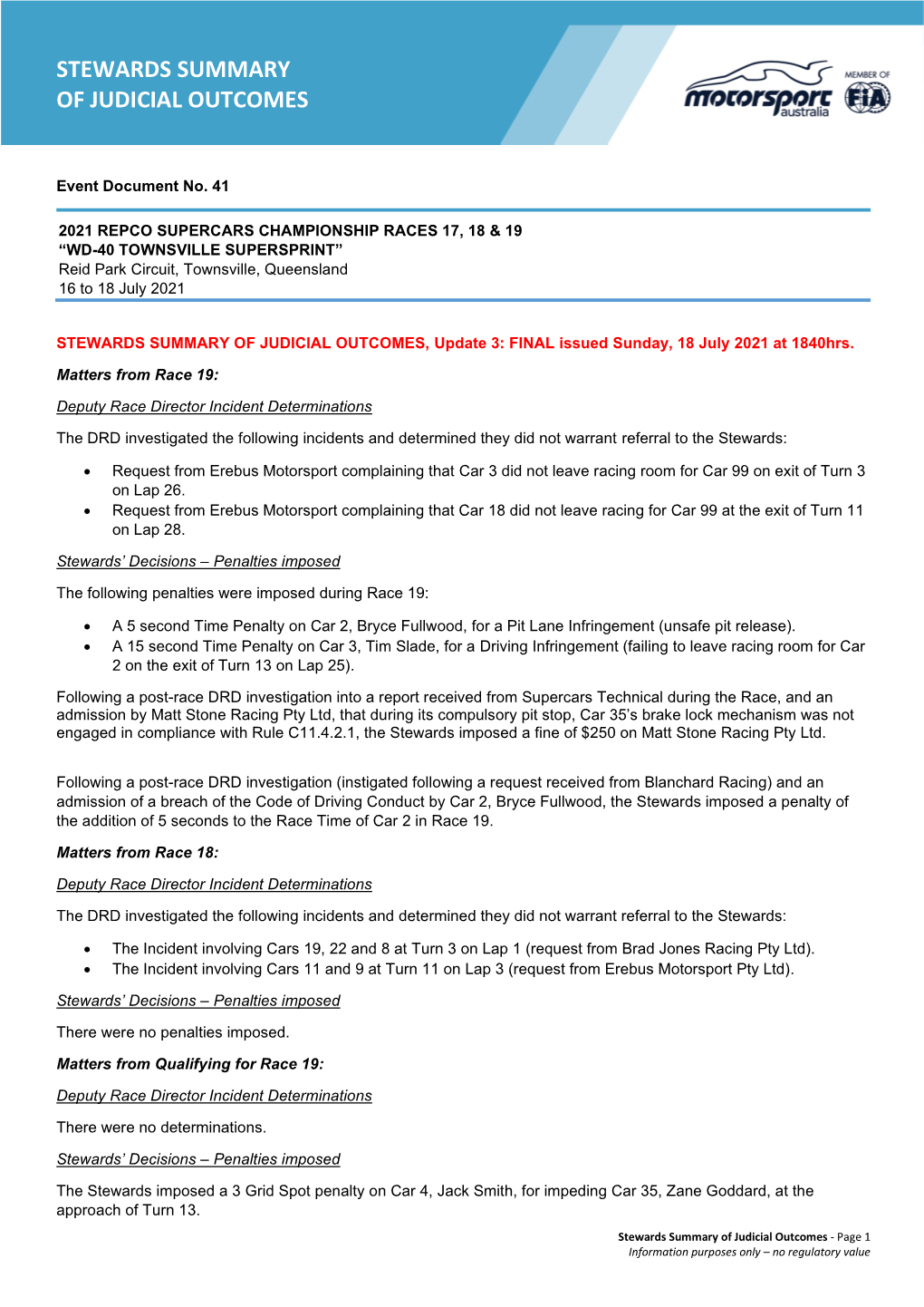 Stewards Summary of Judicial Outcomes