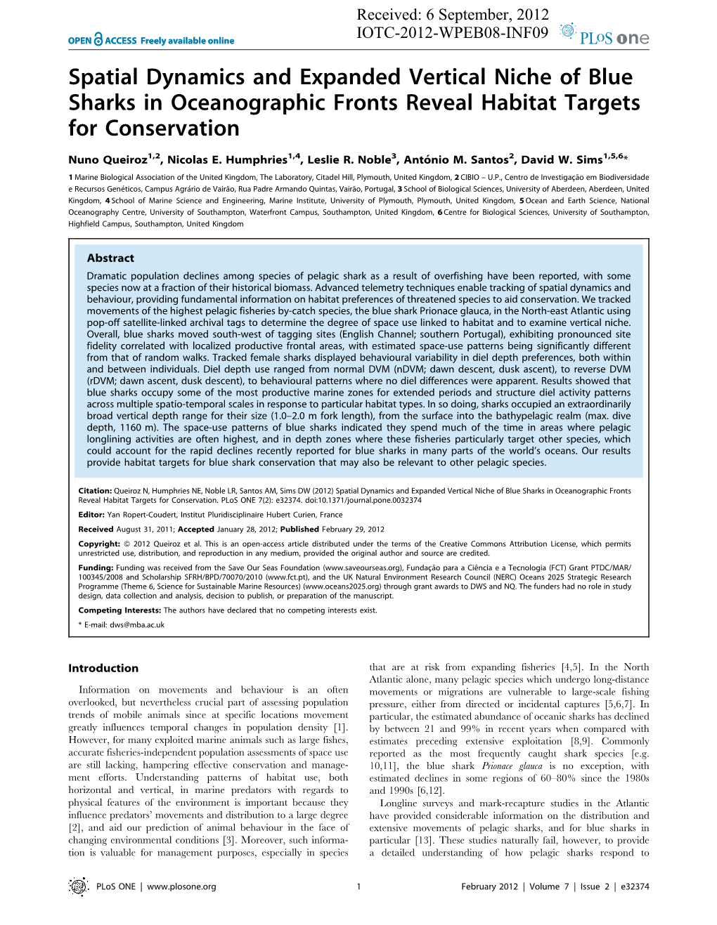 Spatial Dynamics and Expanded Vertical Niche of Blue Sharks in Oceanographic Fronts Reveal Habitat Targets for Conservation