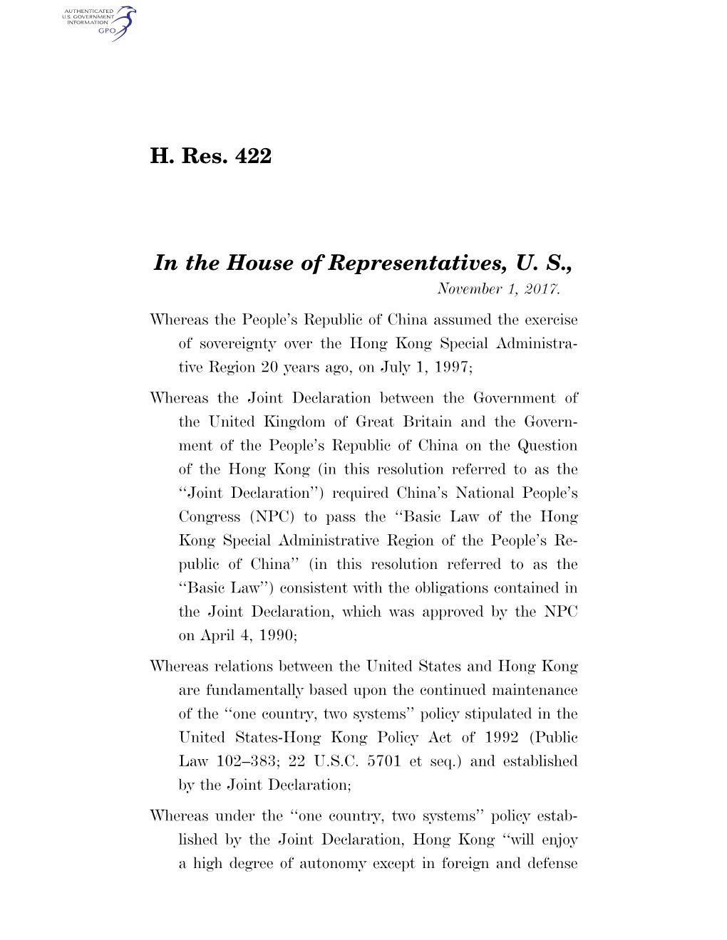 H. Res. 422 in the House of Representatives, U