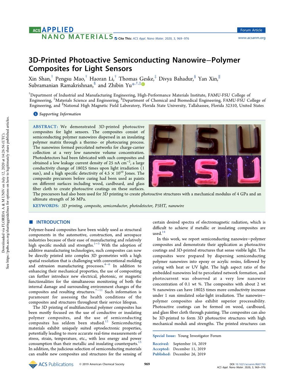 3D-Printed Photoactive Semiconducting Nanowire