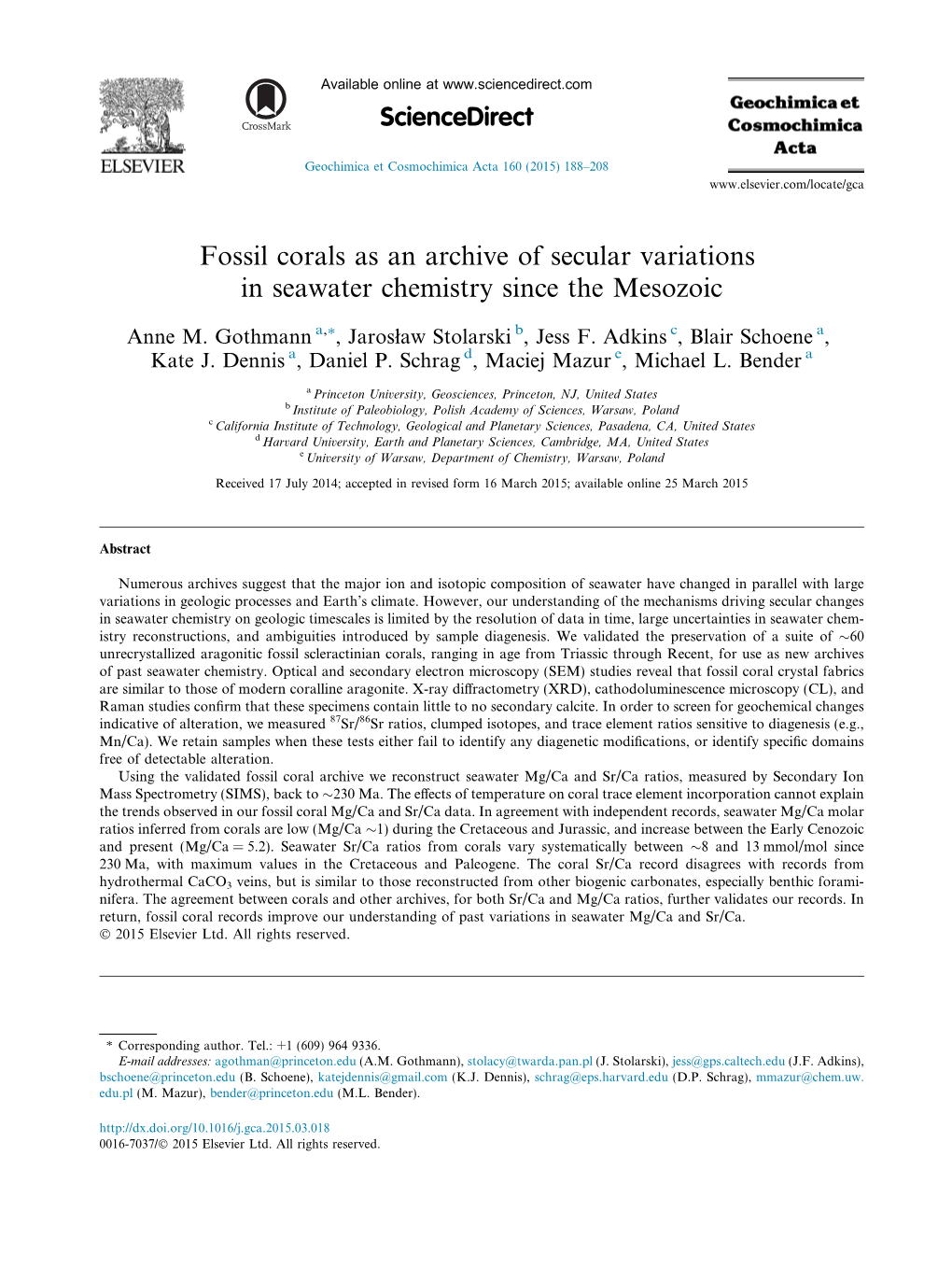 Fossil Corals As an Archive of Secular Variations in Seawater Chemistry Since the Mesozoic