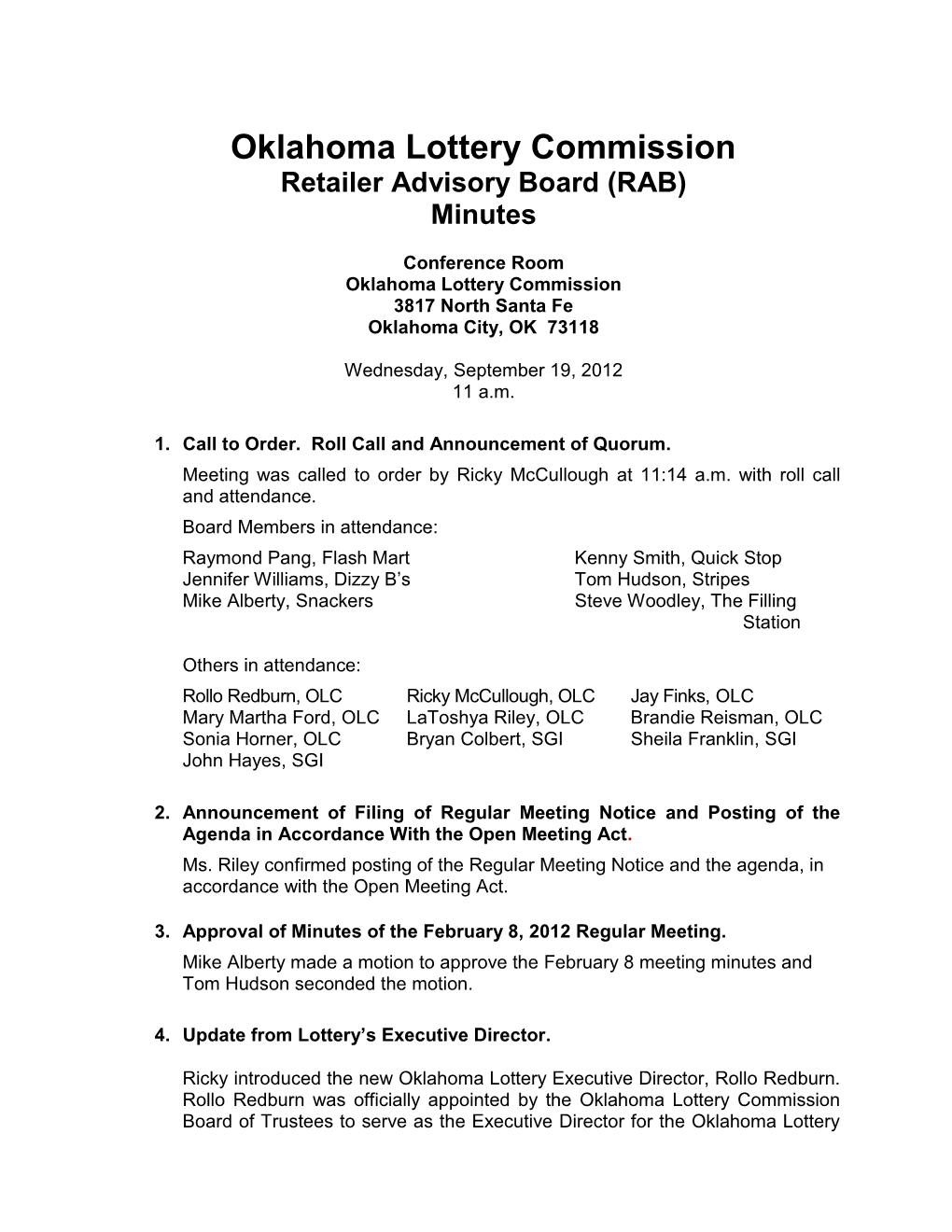 Oklahoma Lottery Commission Retailer Advisory Board (RAB) Minutes