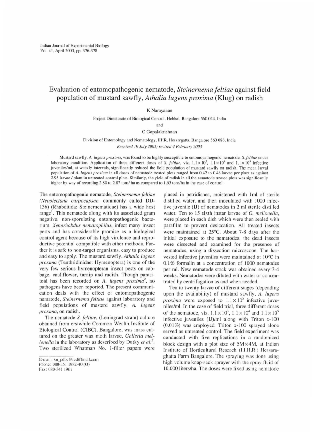 Evaluation of Entomopathogenic Nematode, Steinernema Feltiae Against Field Population of Mustard Sawfly, Athalia Lug Ens Proxima (Klug) on Radish
