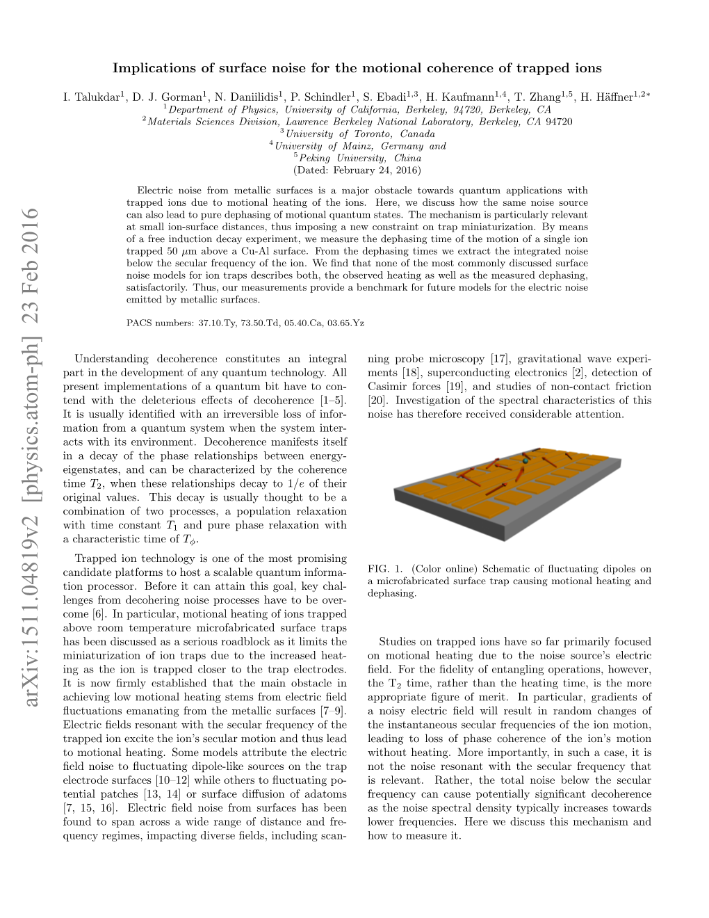 Arxiv:1511.04819V2 [Physics.Atom-Ph] 23 Feb 2016 ﬂuctuations Emanating from the Metallic Surfaces [7–9]