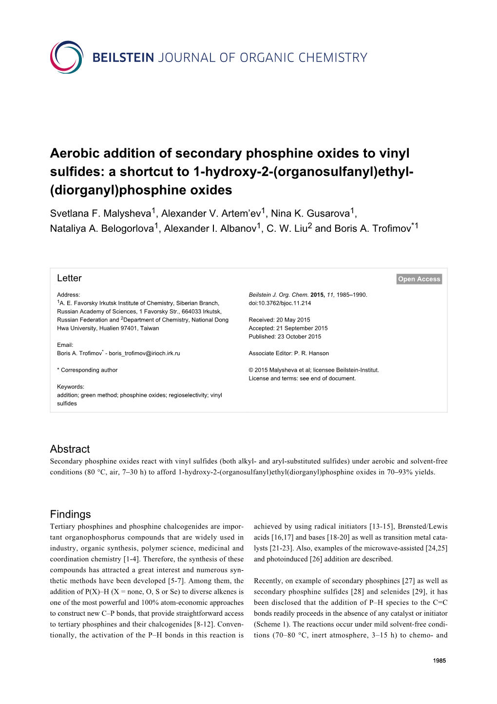 Aerobic Addition of Secondary Phosphine Oxides to Vinyl Sulfides: a Shortcut to 1-Hydroxy-2-(Organosulfanyl)Ethyl- (Diorganyl)Phosphine Oxides