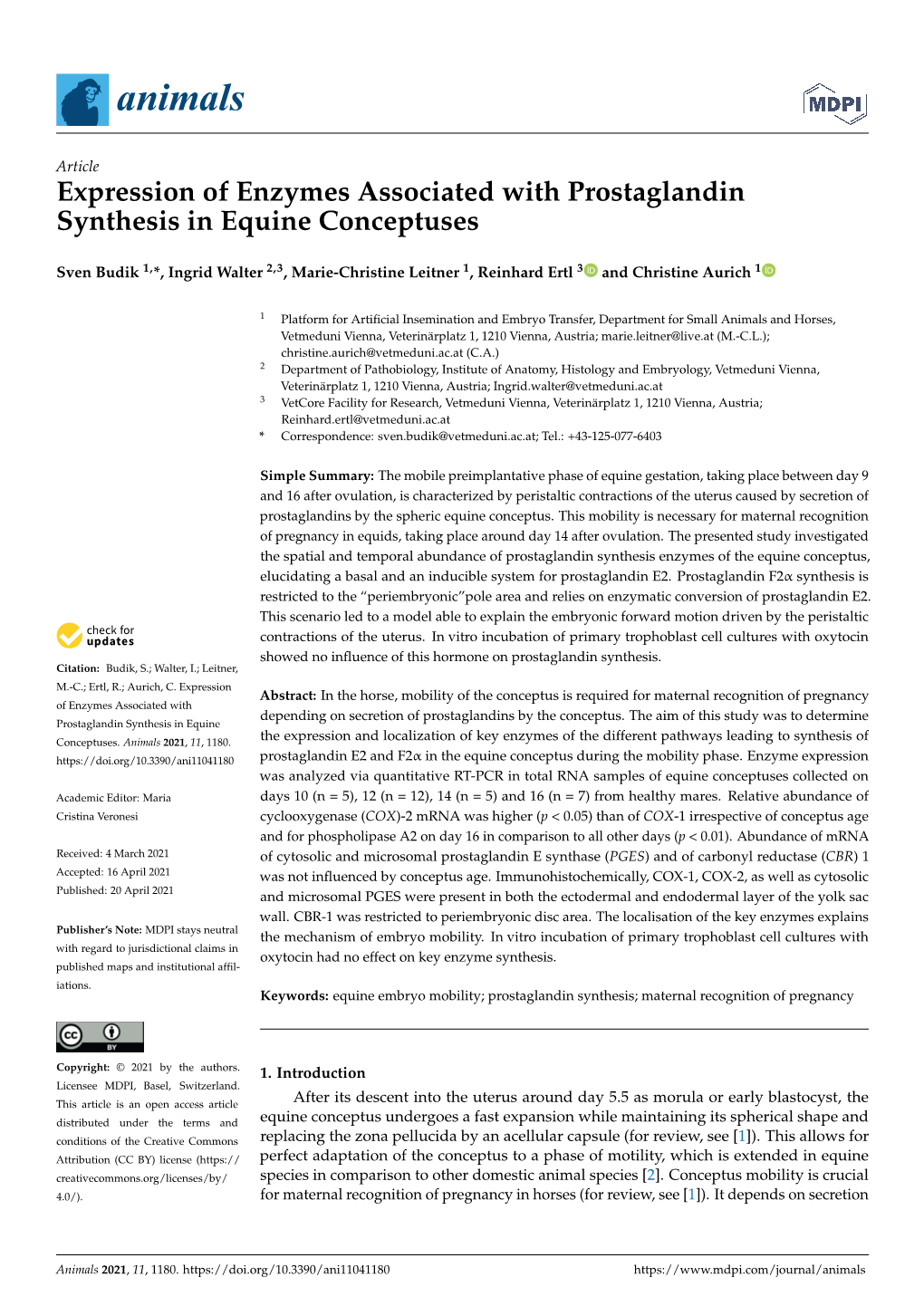 Expression of Enzymes Associated with Prostaglandin Synthesis in Equine Conceptuses