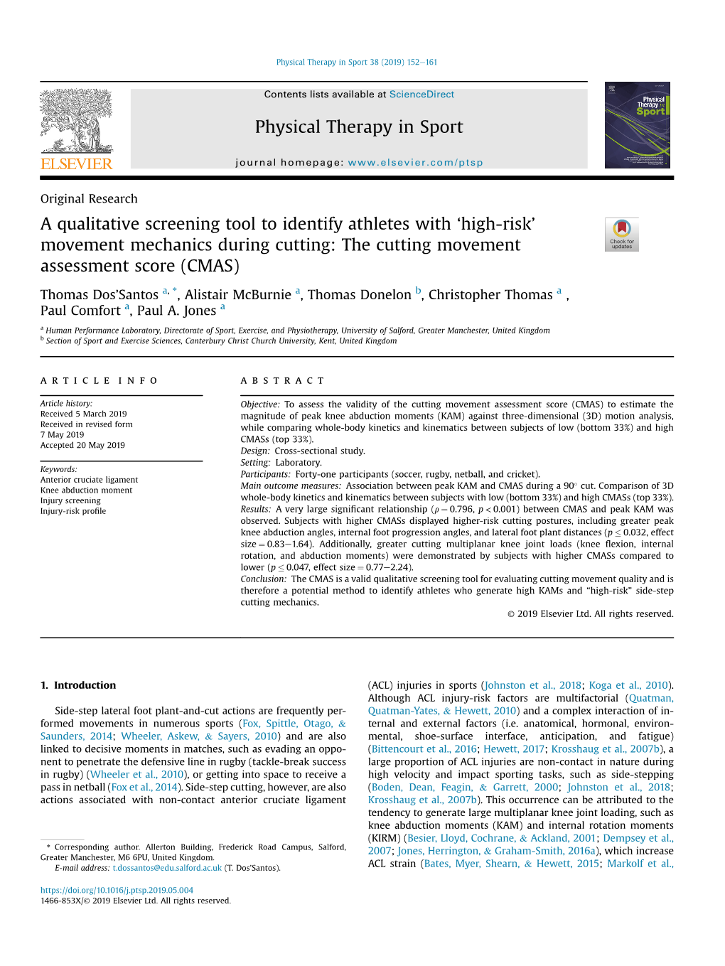 A Qualitative Screening Tool to Identify Athletes with `High-Risk' Movement Mechanics During Cutting: the Cutting Movement A