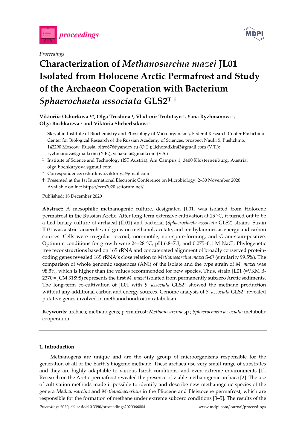 Characterization of Methanosarcina Mazei JL01 Isolated from Holocene