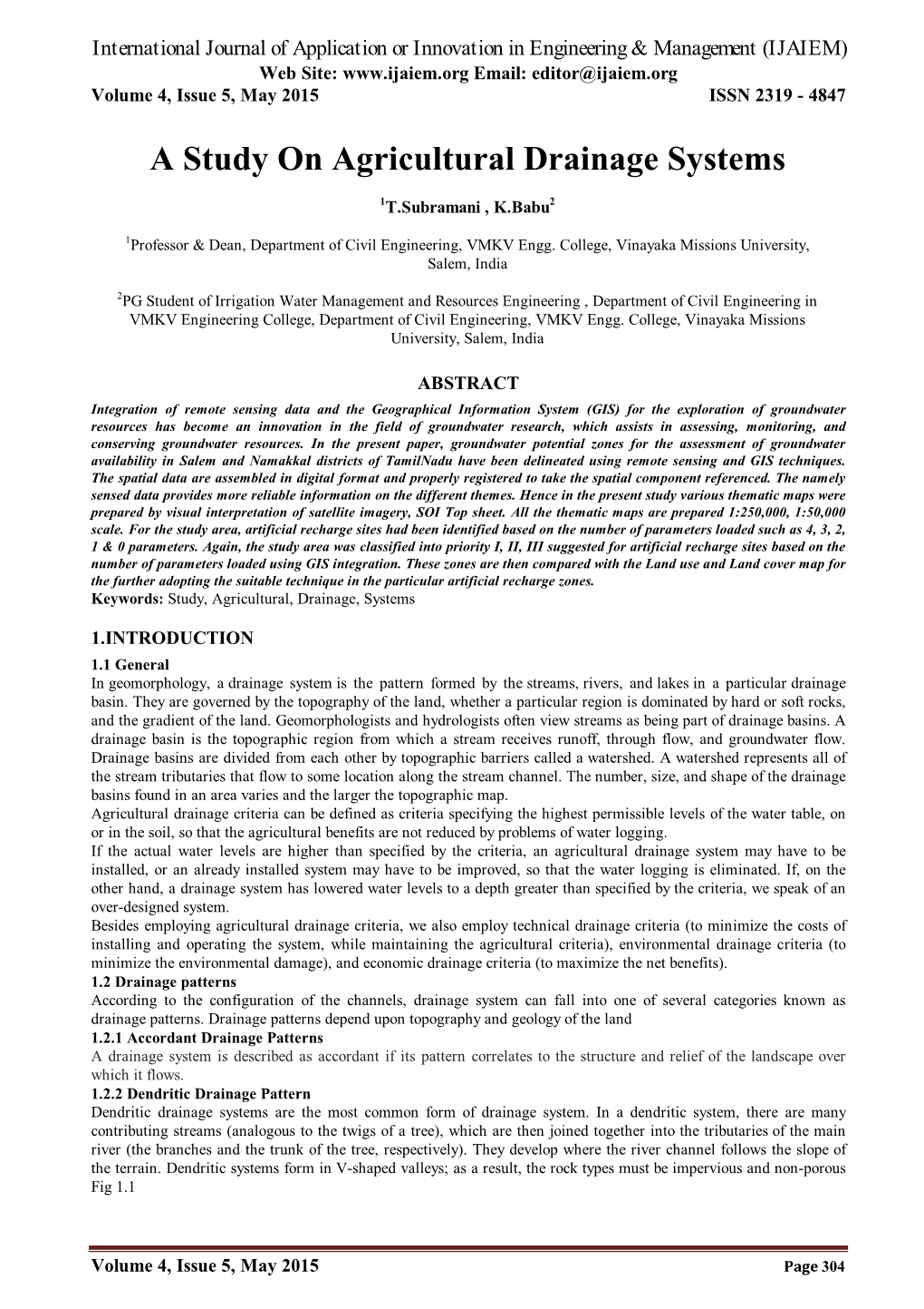 A Study on Agricultural Drainage Systems