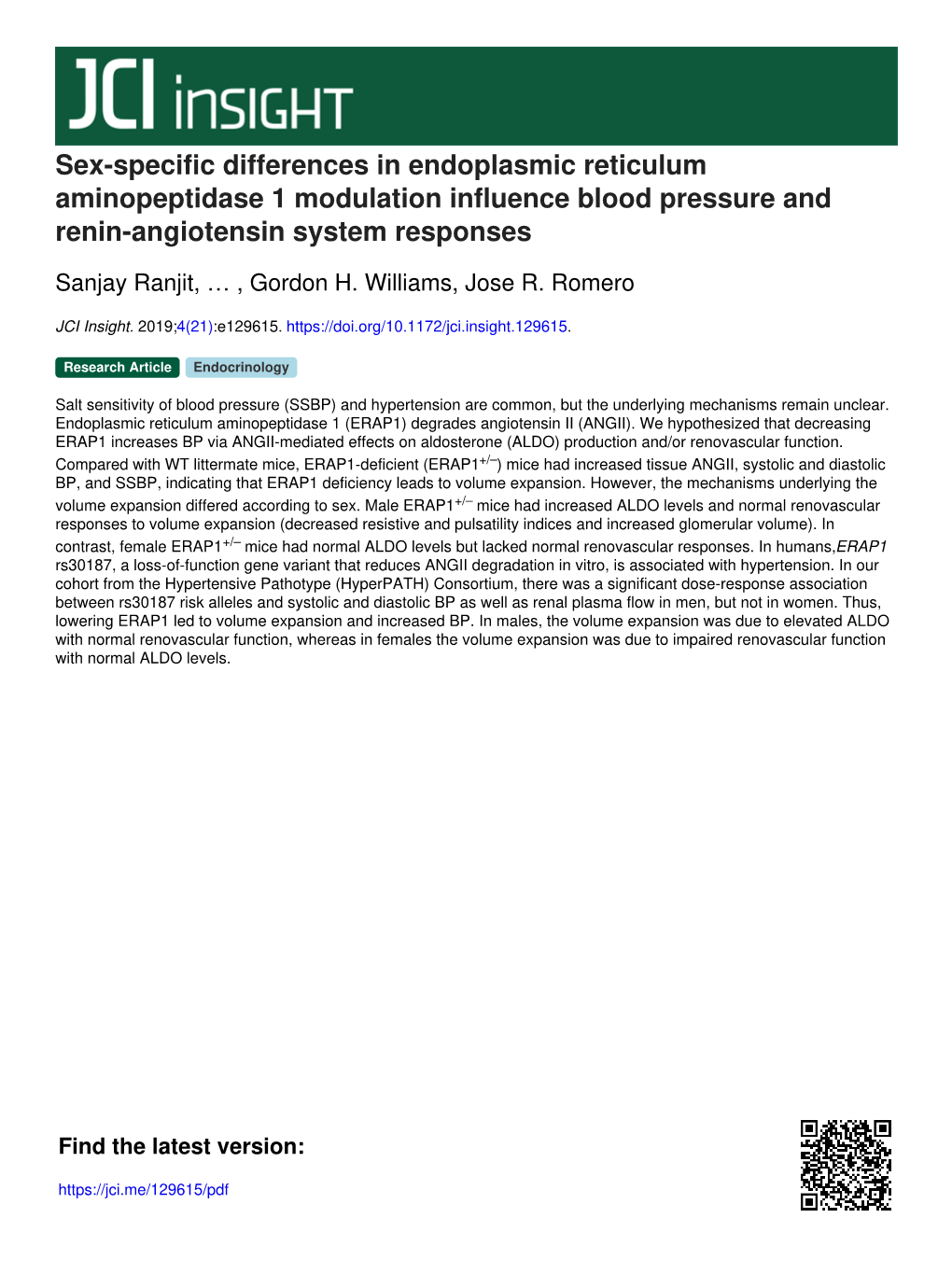 Sex-Specific Differences in Endoplasmic Reticulum Aminopeptidase 1 Modulation Influence Blood Pressure and Renin-Angiotensin System Responses