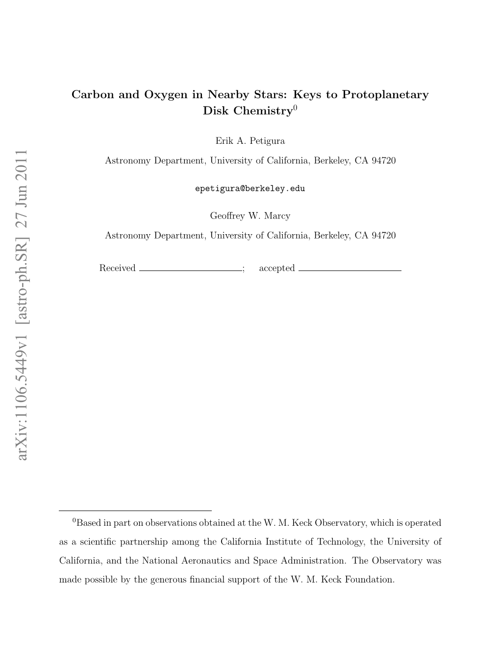 Arxiv:1106.5449V1 [Astro-Ph.SR] 27 Jun 2011 Aepsil Ytegnru Nnilspoto H .M Ekf Keck M