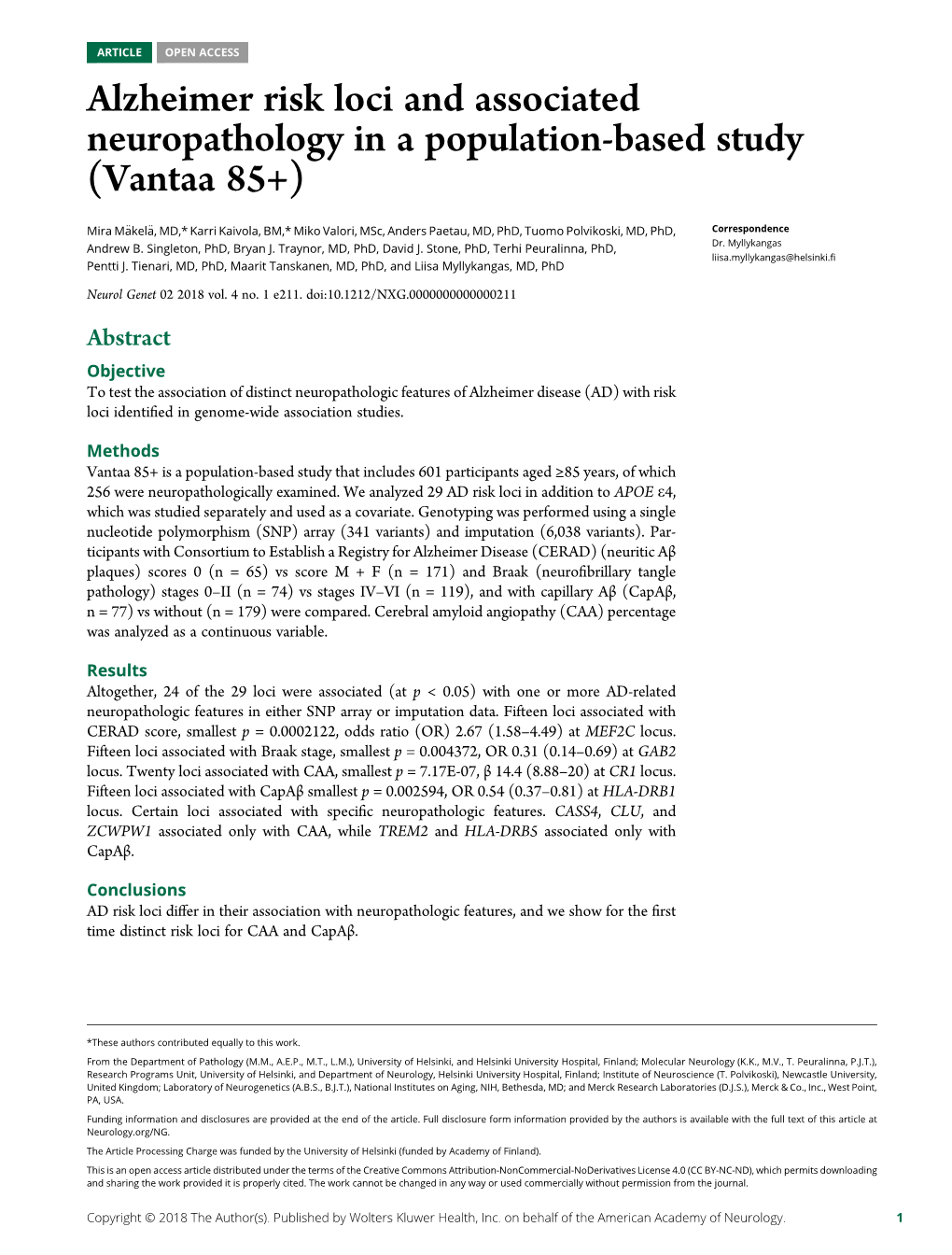 Alzheimer Risk Loci and Associated Neuropathology in a Population-Based Study (Vantaa 85+)