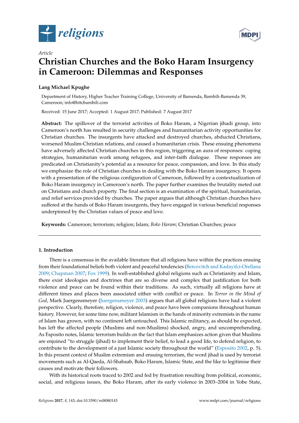 Christian Churches and the Boko Haram Insurgency in Cameroon: Dilemmas and Responses