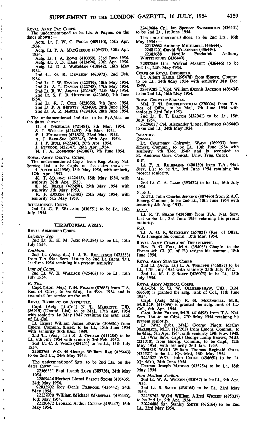 Supplement to the London Gazette, 16 July, 1954 4159