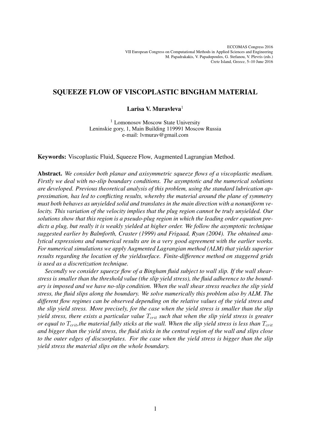 Squeeze Flow of Viscoplastic Bingham Material