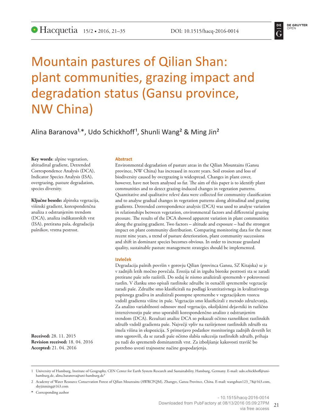 Mountain Pastures of Qilian Shan: Plant Communities, Grazing Impact and Degradation Status (Gansu Province, NW China)