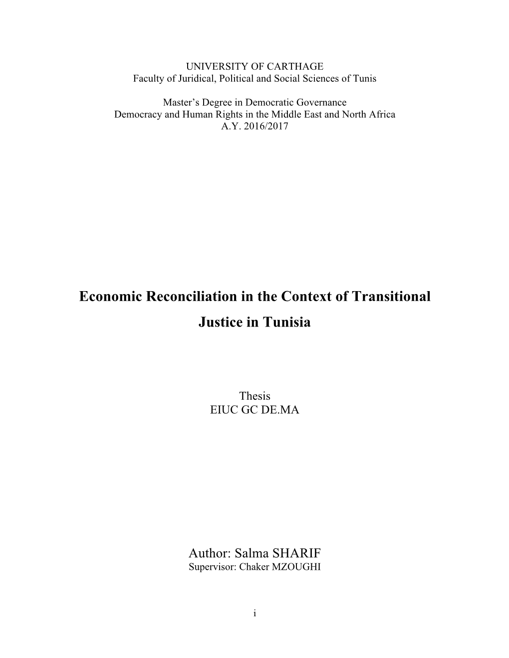 Economic Reconciliation in the Context of Transitional Justice in Tunisia