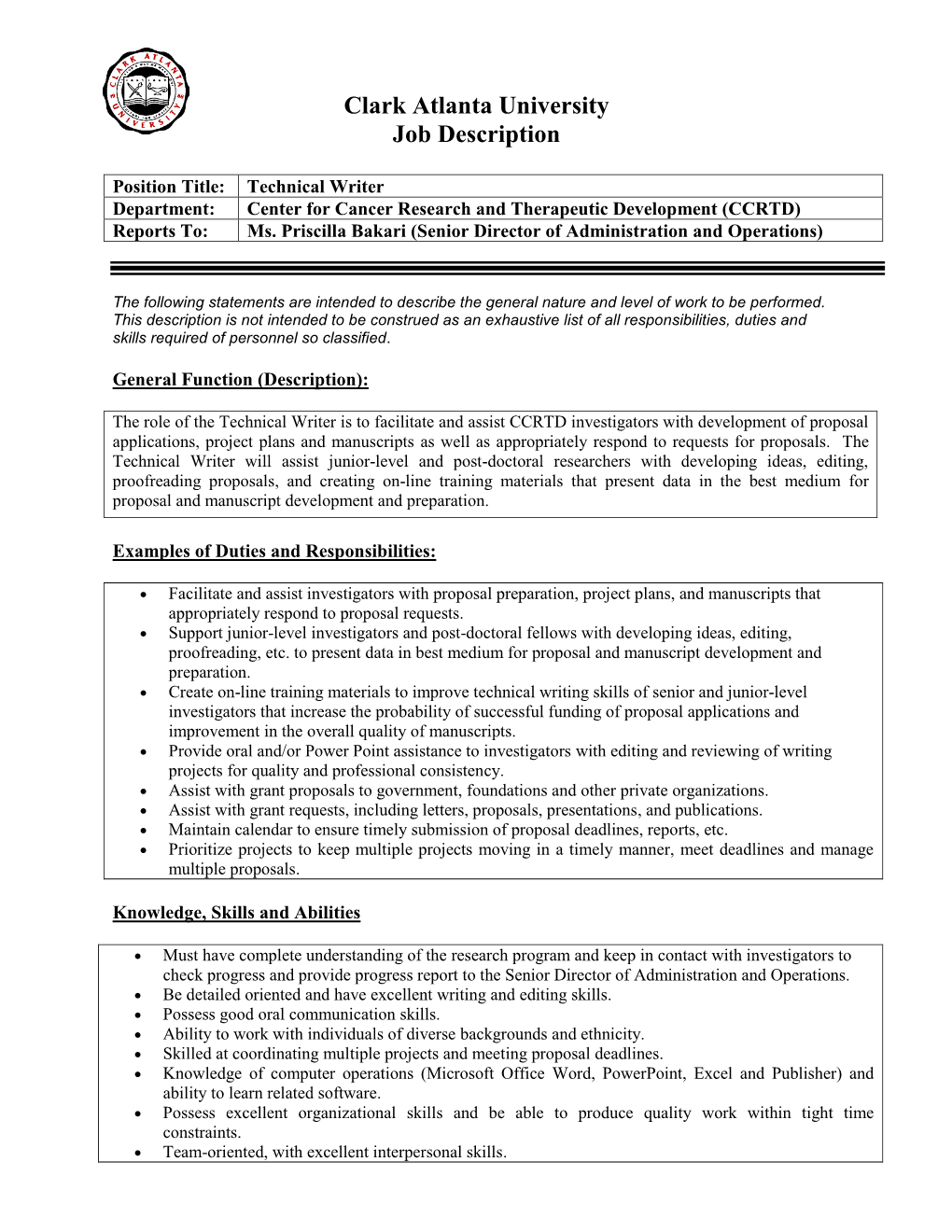Clark Atlanta University Job Description