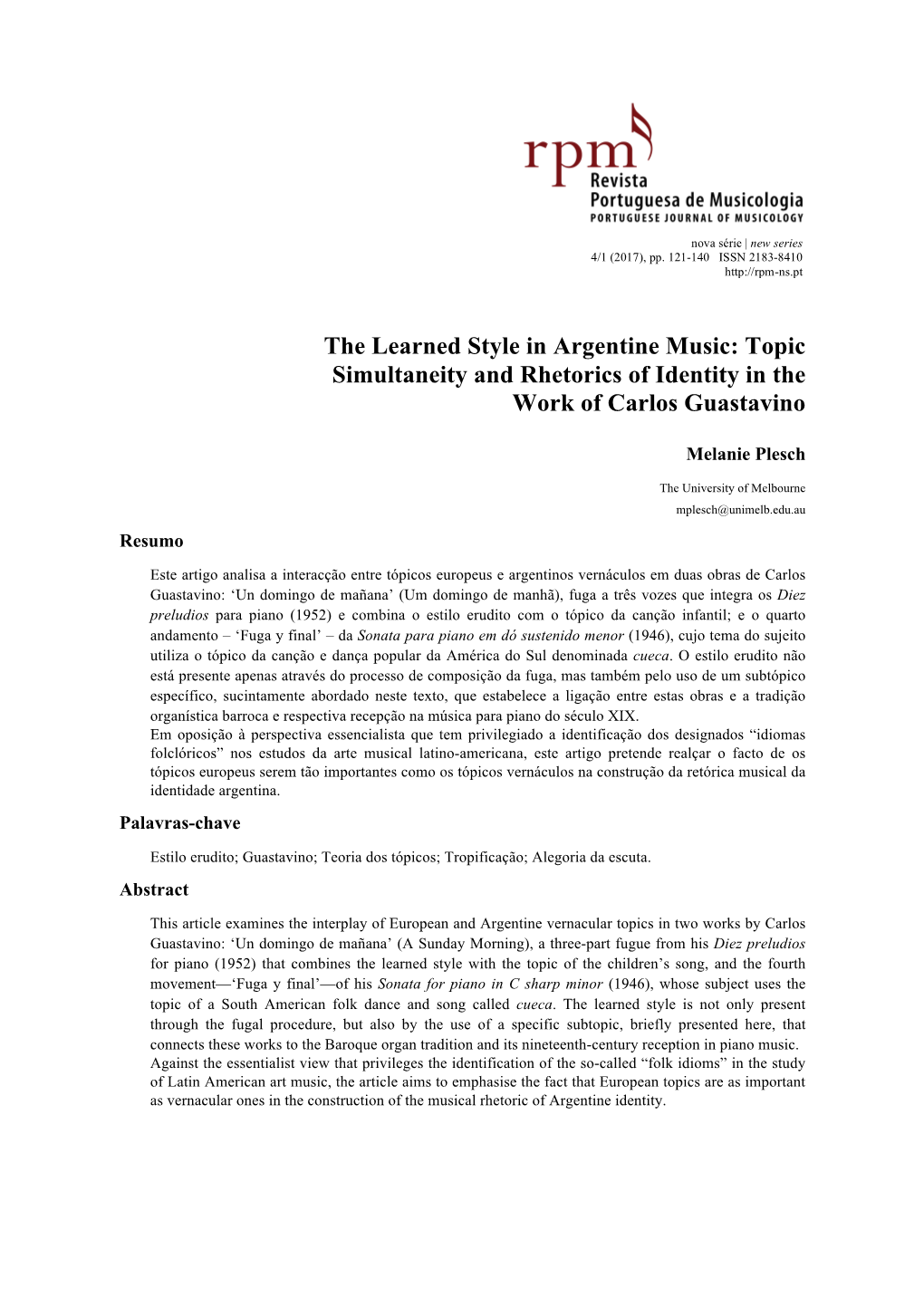 The Learned Style in Argentine Music: Topic Simultaneity and Rhetorics of Identity in the Work of Carlos Guastavino