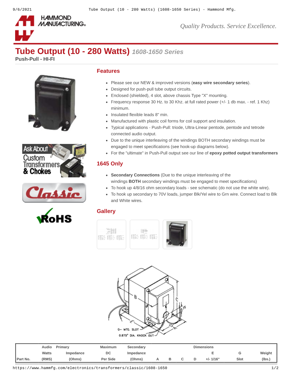 Tube Output (10 - 280 Watts) (1608-1650 Series) - Hammond Mfg