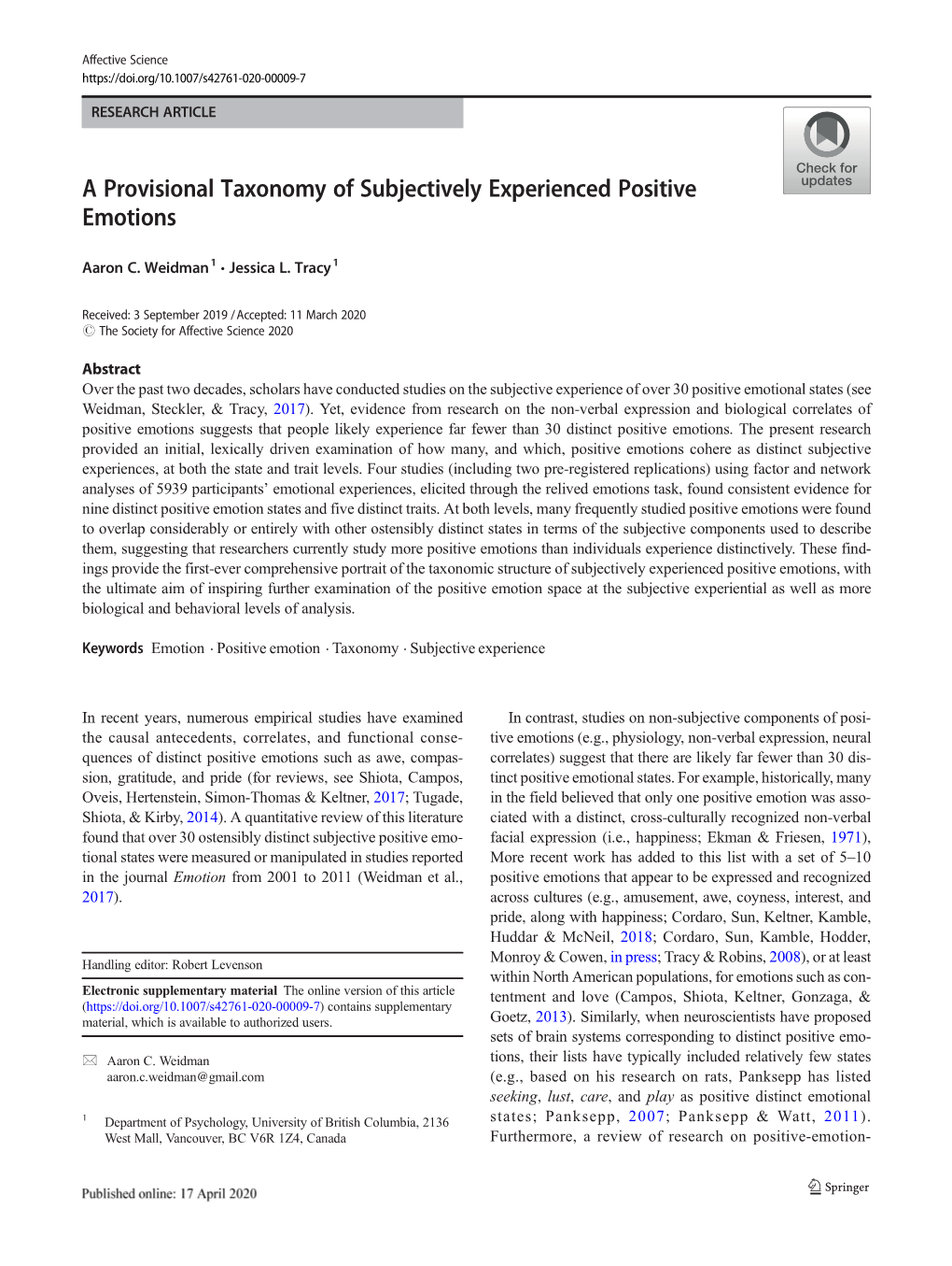 A Provisional Taxonomy of Subjectively Experienced Positive Emotions