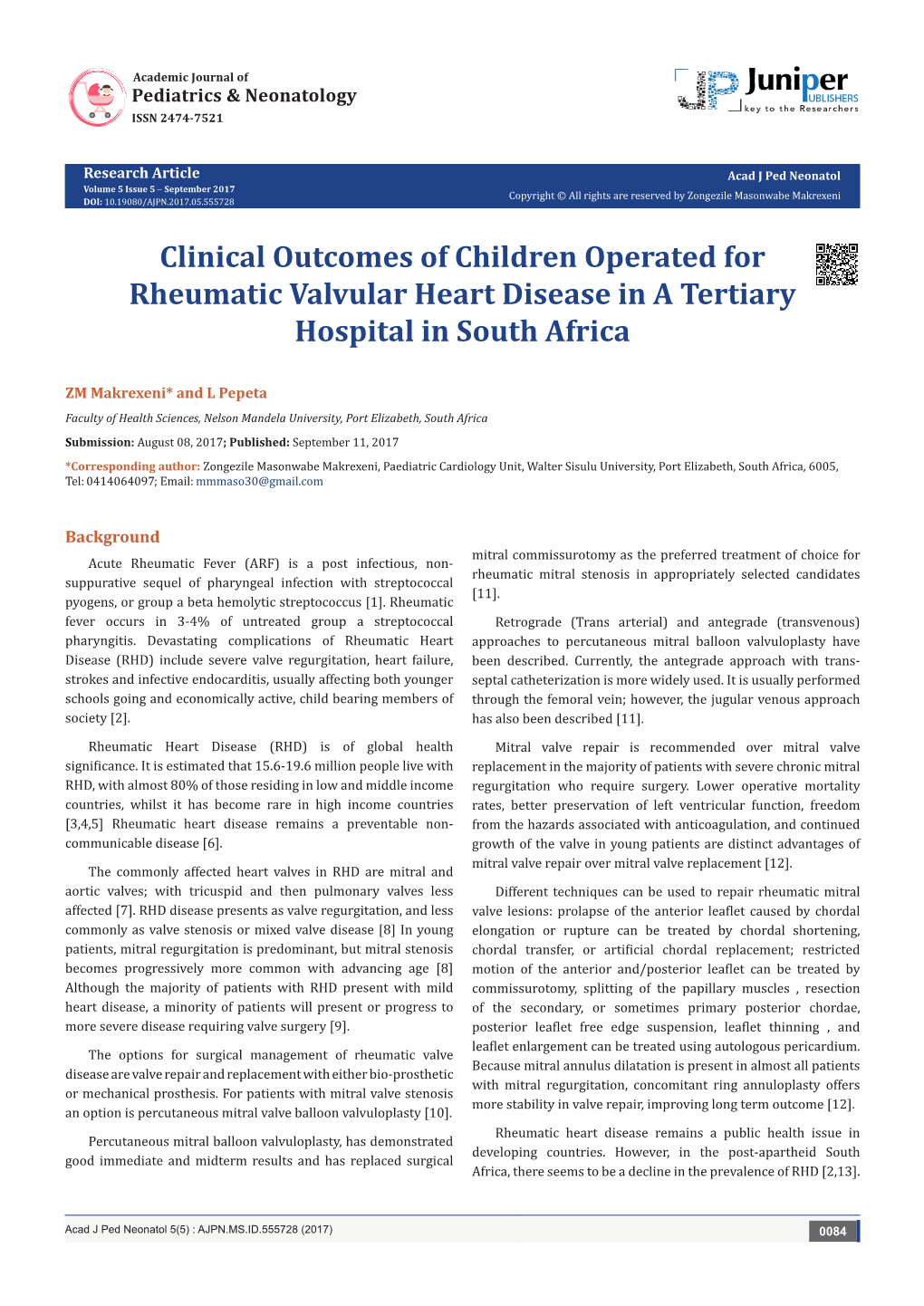 Clinical Outcomes of Children Operated for Rheumatic Valvular Heart Disease in a Tertiary Hospital in South Africa