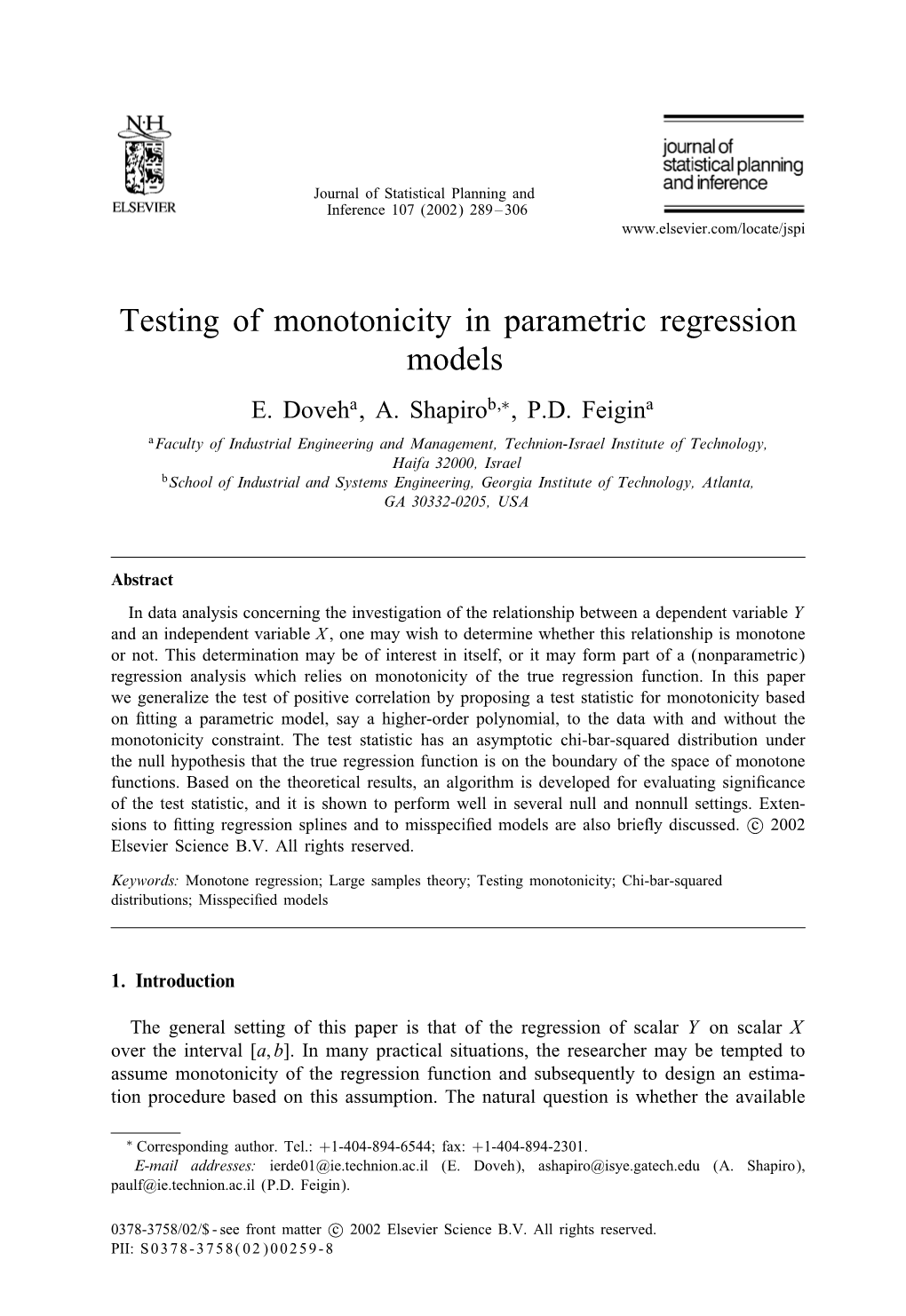 Testing of Monotonicity in Parametric Regression Models E