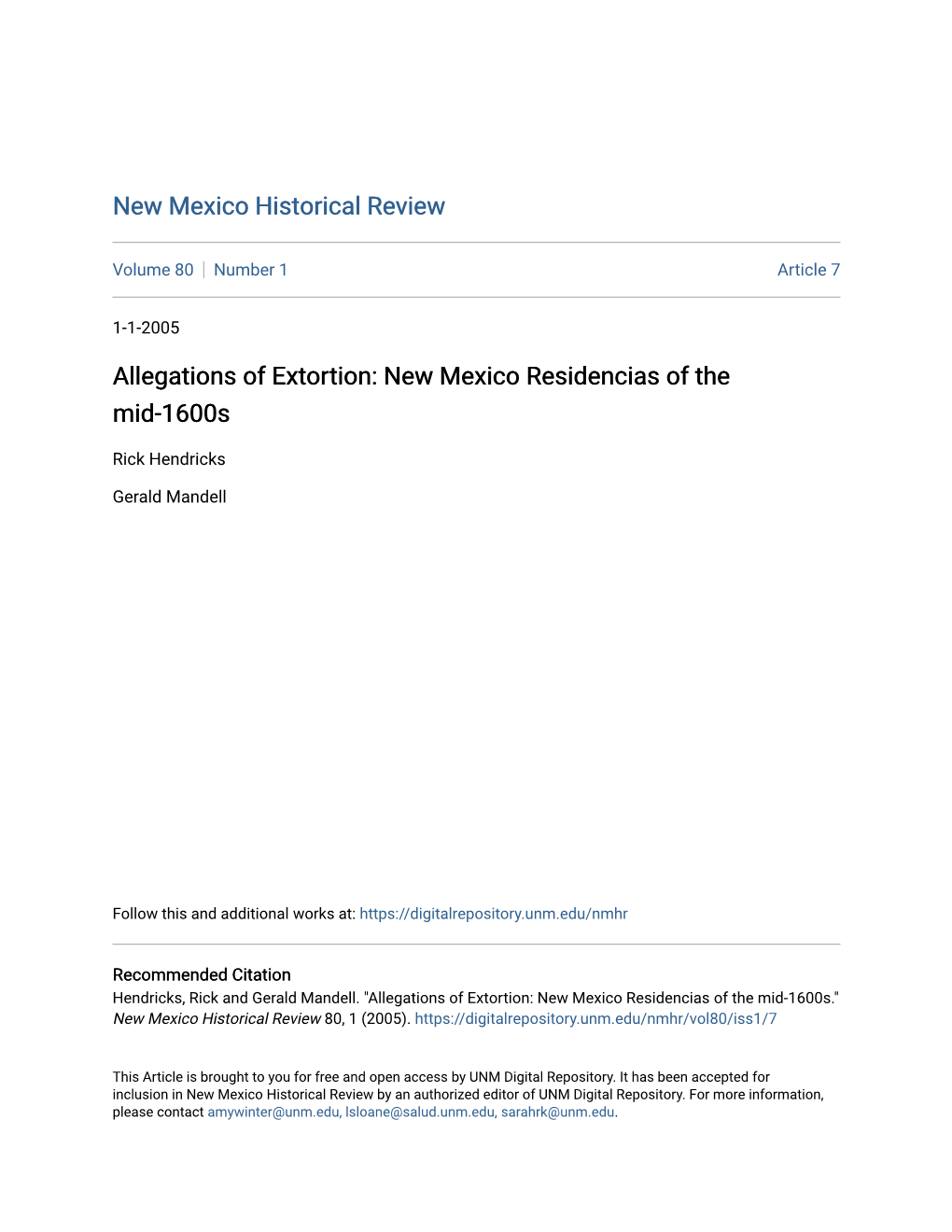 Allegations of Extortion: New Mexico Residencias of the Mid-1600S