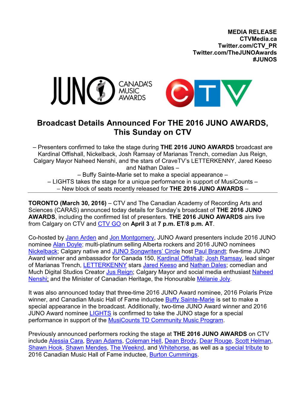 Broadcast Details Announced for the 2016 JUNO AWARDS, This Sunday on CTV