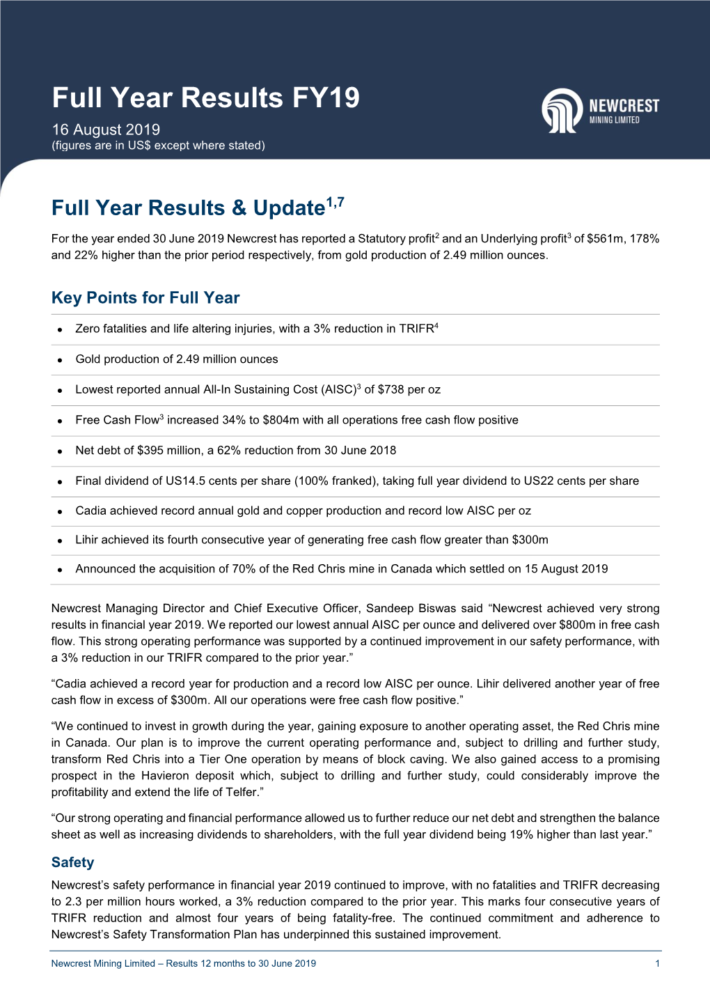 190816 Newcrest Full Year Results