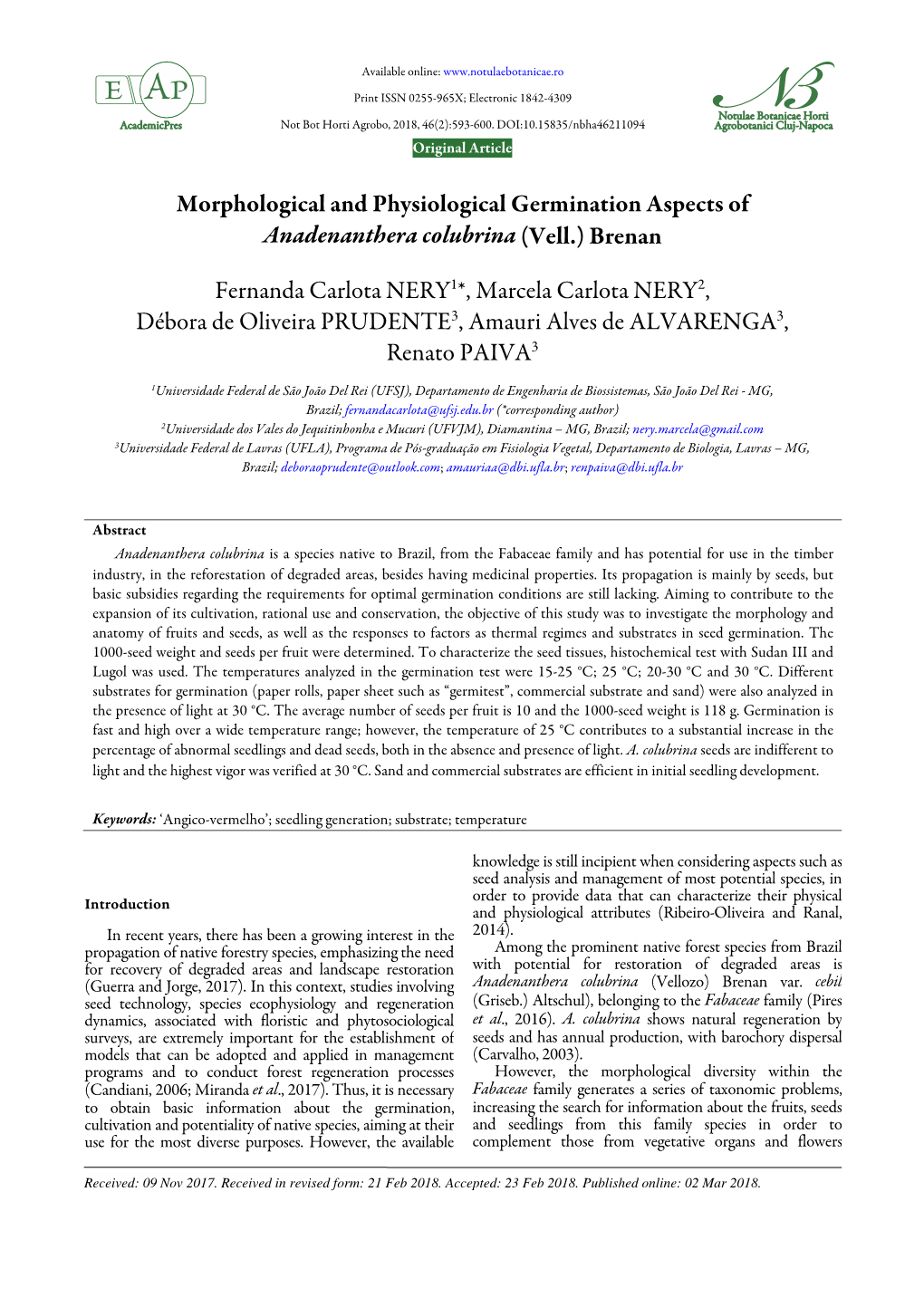 Morphological and Physiological Germination Aspects of Anadenanthera Colubrina (Vell.) Brenan