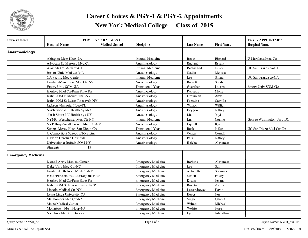 Career Choices & PGY-1 & PGY-2 Appointments New York Medical