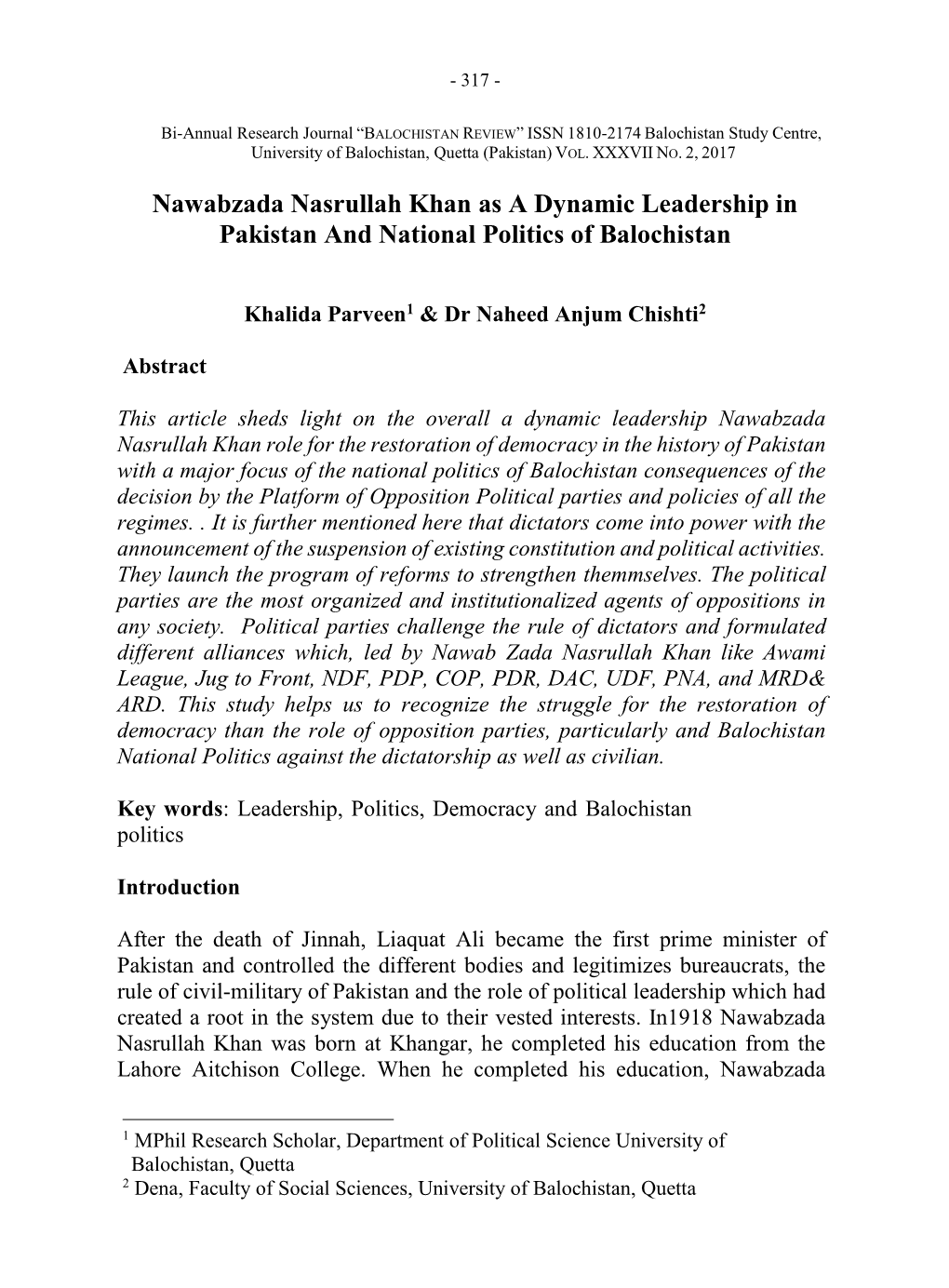 Nawabzada Nasrullah Khan As a Dynamic Leadership in Pakistan and National Politics of Balochistan