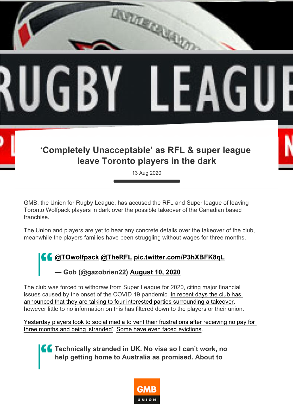 Completely Unacceptable’ As RFL & Super League Leave Toronto Players in the Dark 13 Aug 2020