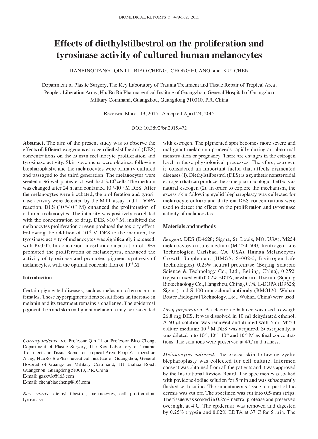 Effects of Diethylstilbestrol on the Proliferation and Tyrosinase Activity of Cultured Human Melanocytes