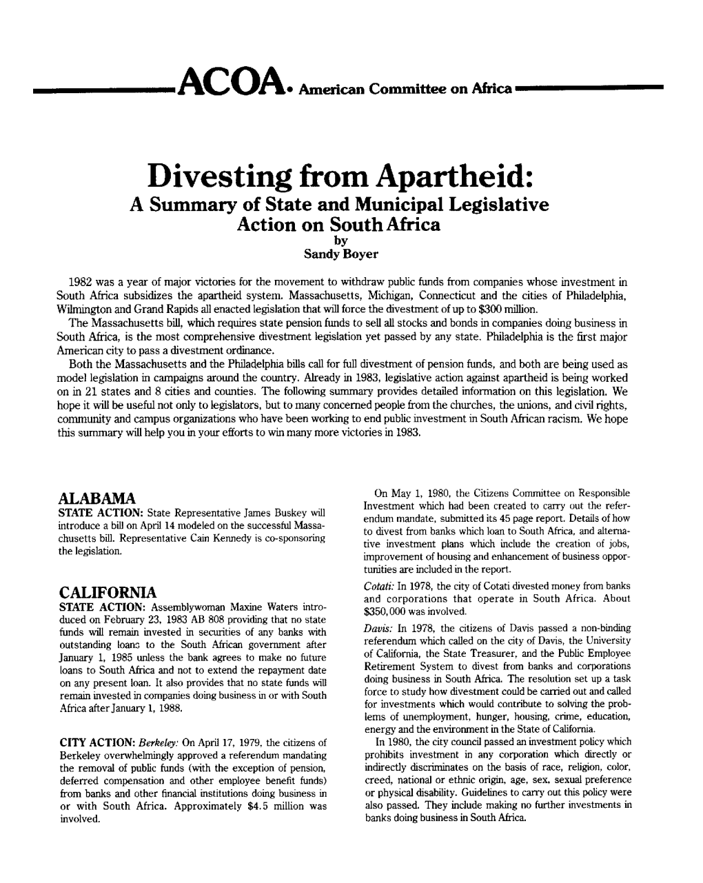 Divesting from Apartheid: a Summary of State and Municipal Legislative Action on South Africa by Sandy Boyer