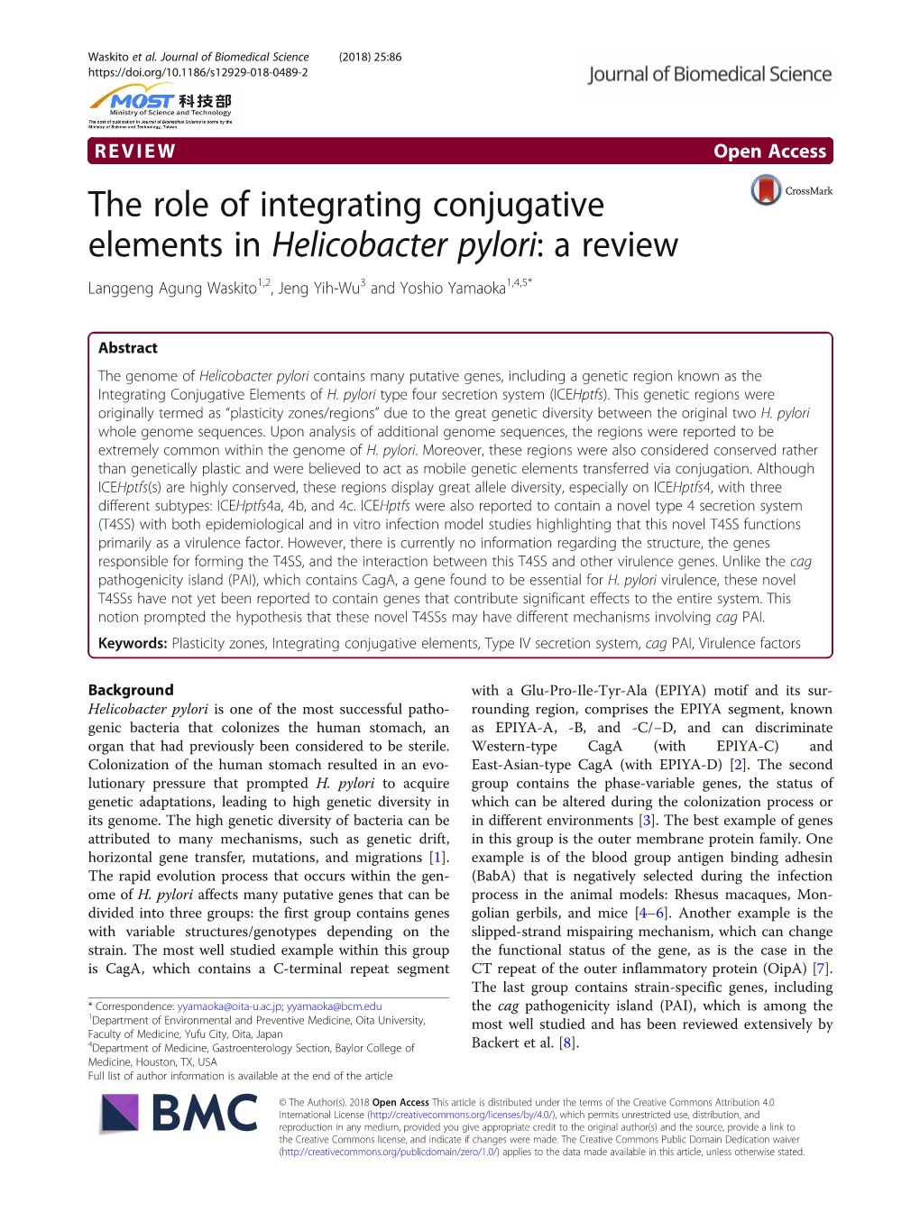 The Role of Integrating Conjugative Elements in Helicobacter Pylori: a Review Langgeng Agung Waskito1,2, Jeng Yih-Wu3 and Yoshio Yamaoka1,4,5*