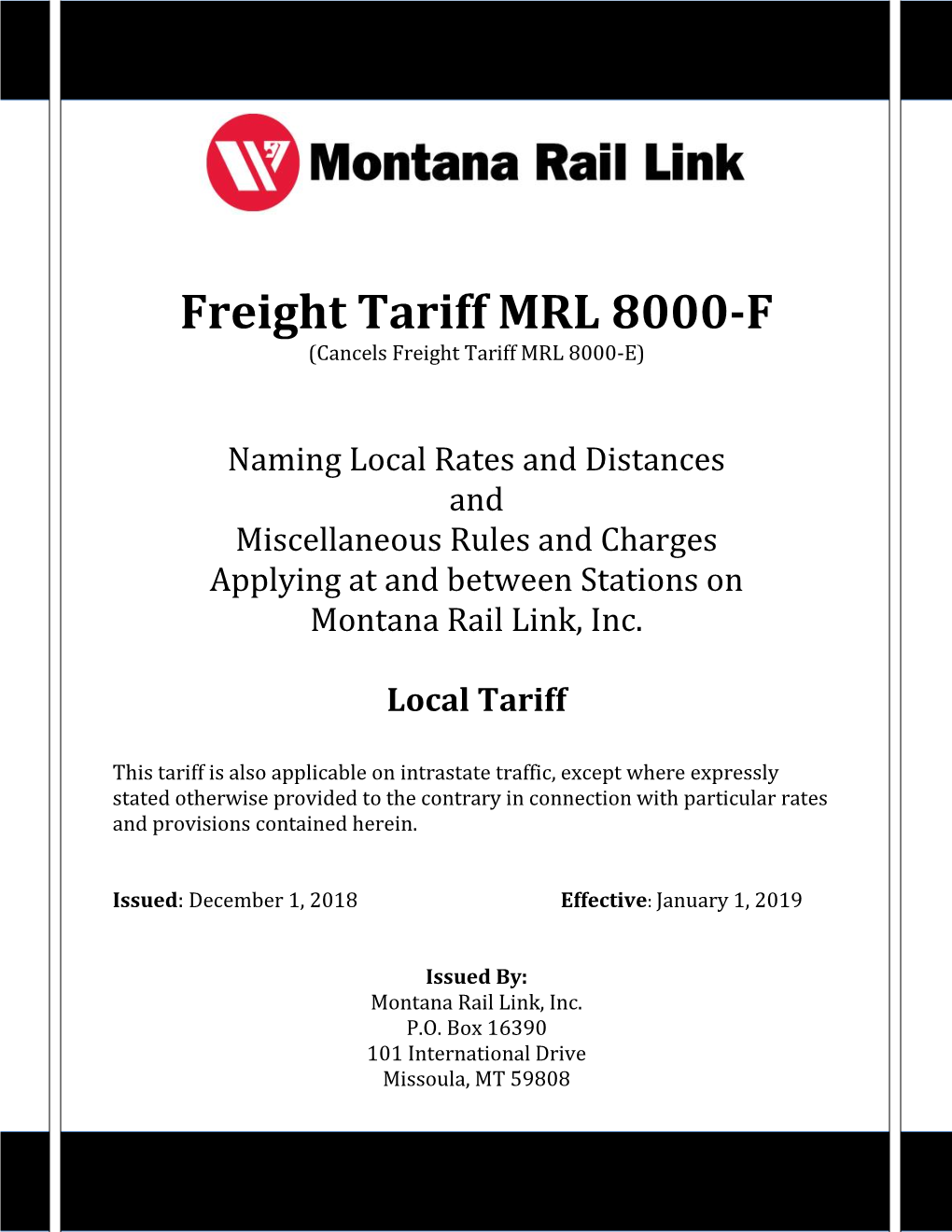 Freight Tariff MRL 8000-F (Cancels Freight Tariff MRL 8000-E)