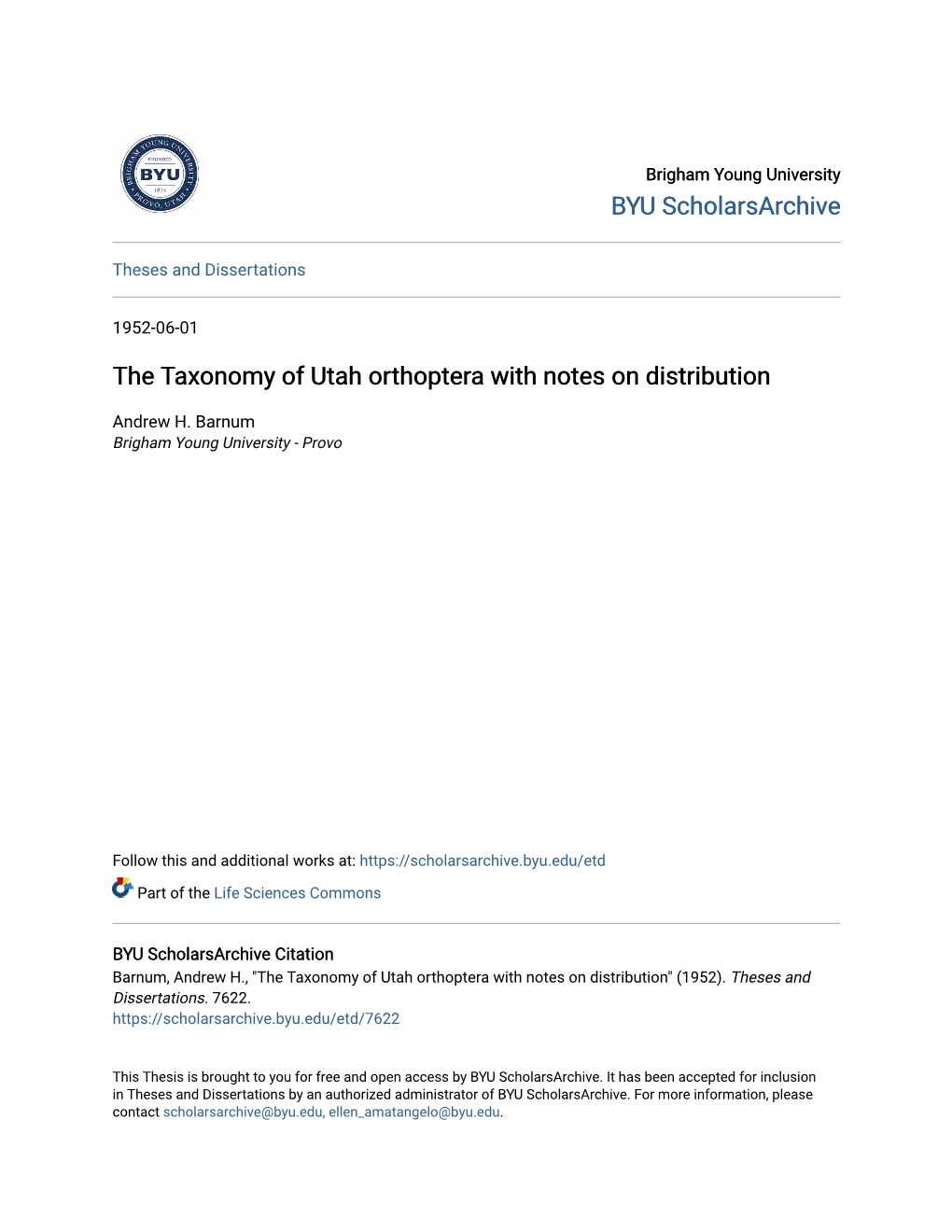 The Taxonomy of Utah Orthoptera with Notes on Distribution