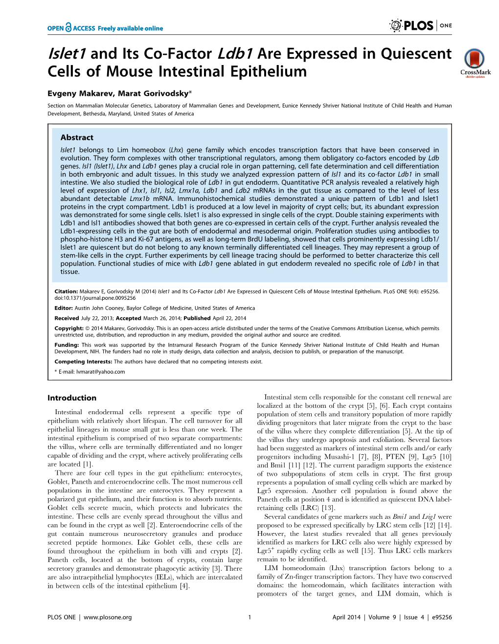 Islet1 and Its Co-Factor Ldb1 Are Expressed in Quiescent Cells of Mouse Intestinal Epithelium