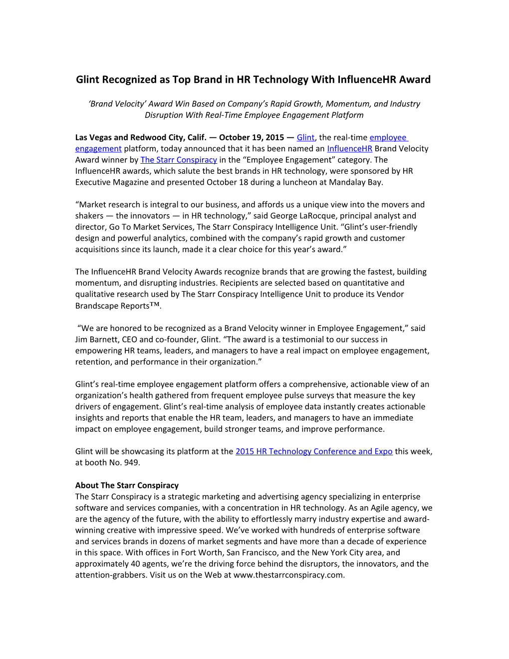 Glint Recognized As Top Brand in HR Technology with Influencehr Award