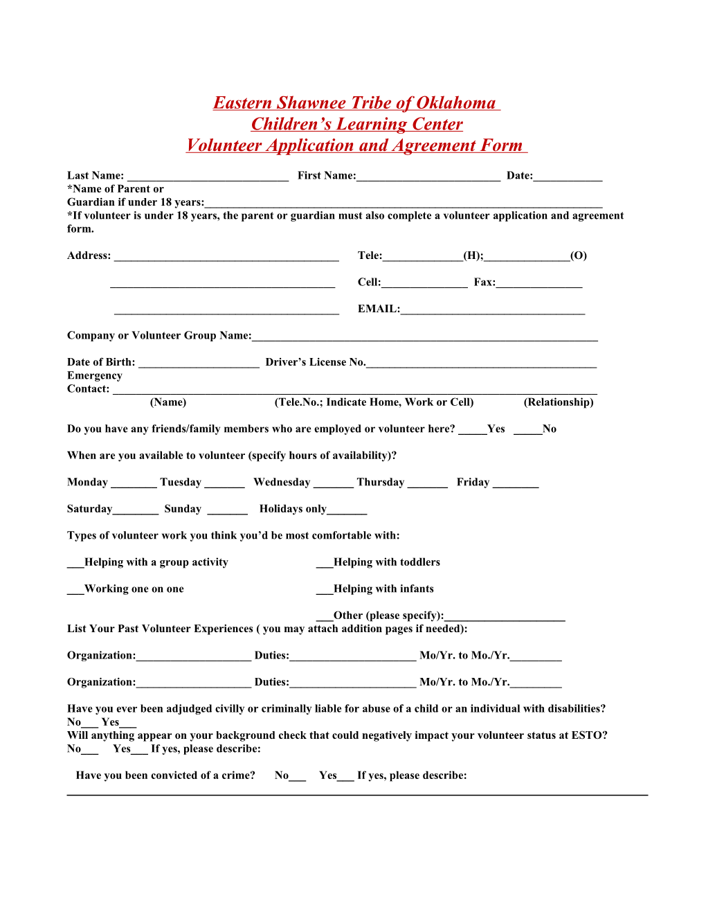 Volunteer Application and Agreement Form (Draft)