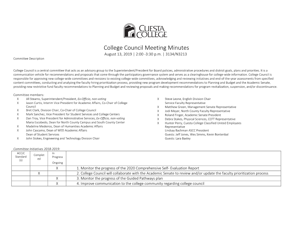 Cuesta College College Council Minutes August 13, 2019