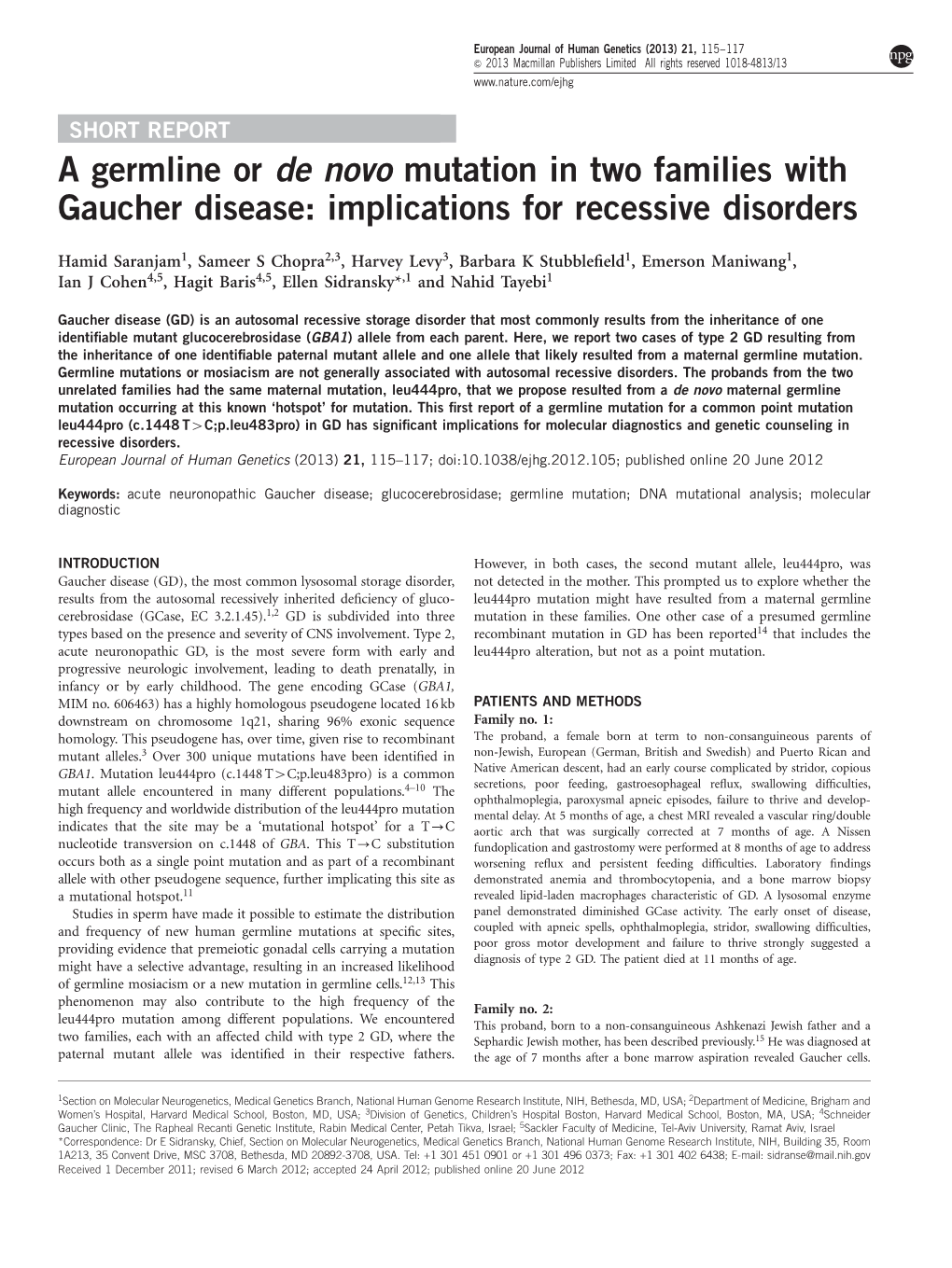 A Germline Or De Novo Mutation in Two Families with Gaucher Disease: Implications for Recessive Disorders