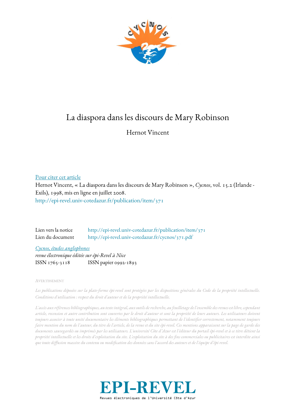 Diaspora Dans Les Discours De Mary Robinson
