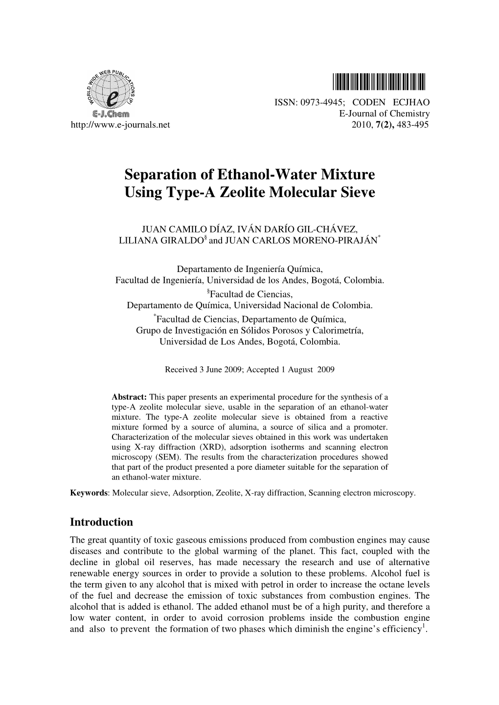 Separation of Ethanol-Water Mixture Using Type-A Zeolite Molecular Sieve